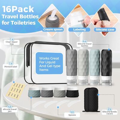 16-Piece Leak Proof Silicone Travel Bottle Set with TSA Approved Wide Mouth Design for Easy Refill