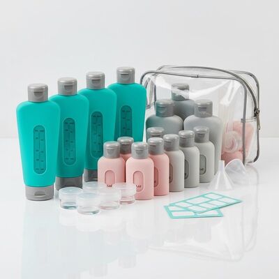 16 Pack TSA Approved Leak Proof Wide Mouth Design Silicone Travel Bottle Set with Refillable Toiletry Containers